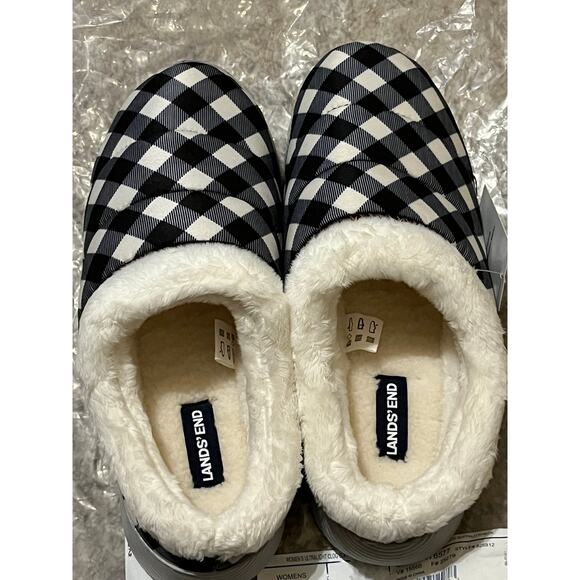 Lands’ End Clog Slippers Black Buffalo Check Faux Fur Ultralight Size 7 NEW - Picture 5 of 7